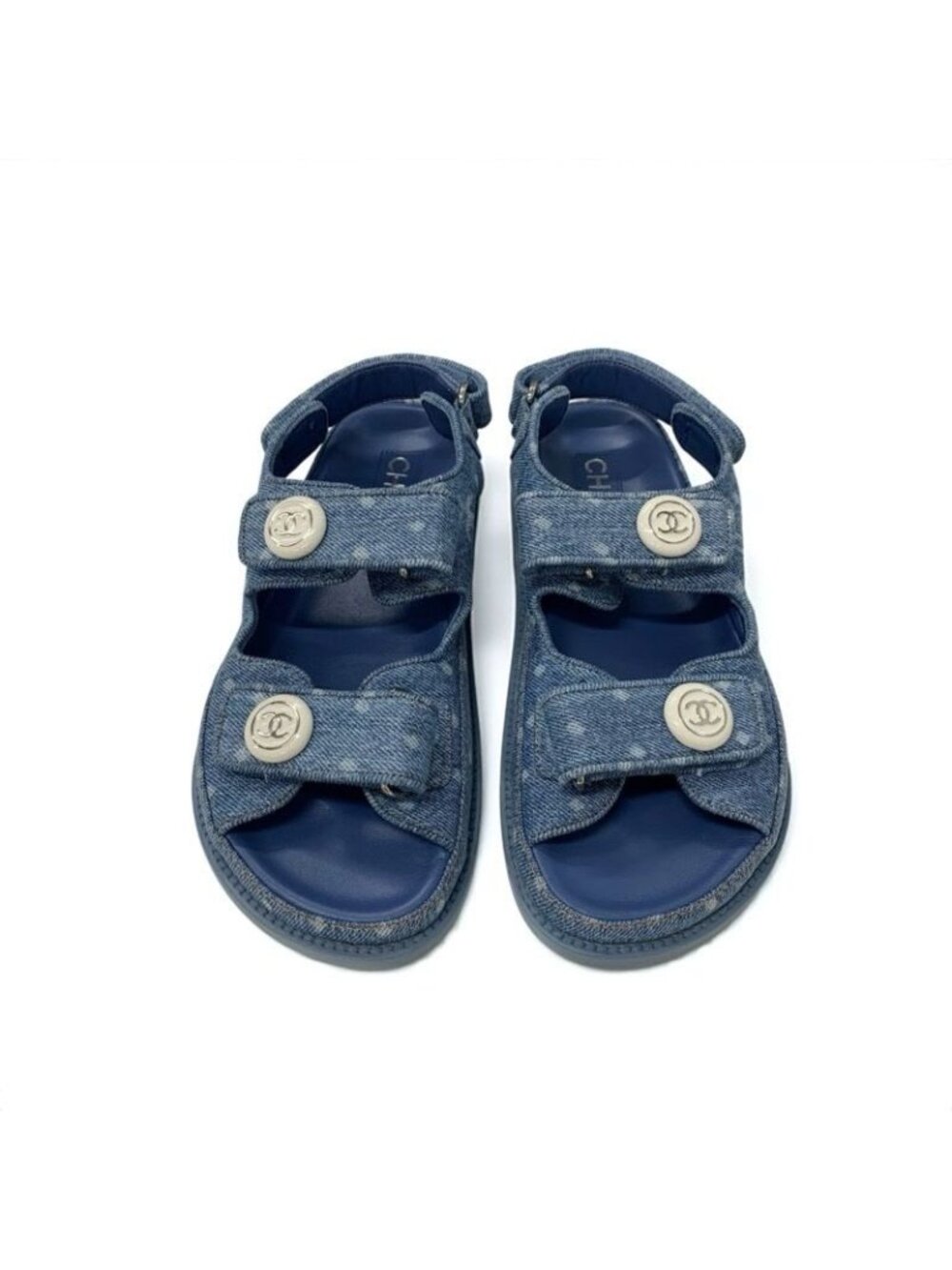 Chanel Sandals Shoes Denim Blue Coco Mark Velcro Flat - Picture 2 of 9